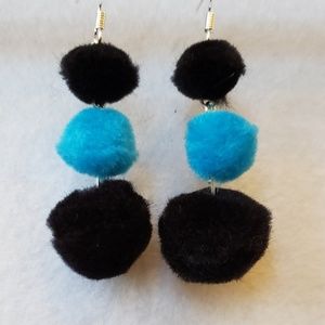 Black and Blue Pom Pom Dangle Earrings